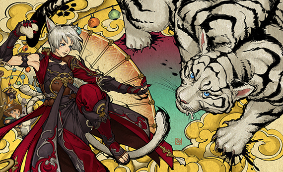 Artwork featuring a Miqo'te and a white tiger